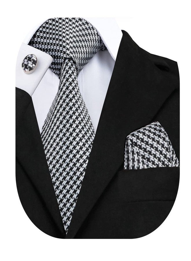 Hi-Tie Mens Plaid Ties Classic Paisley Necktie with Handkerchief Cufflinks Set Business Stripe Tie,Black White Houndstooth - Image 1
